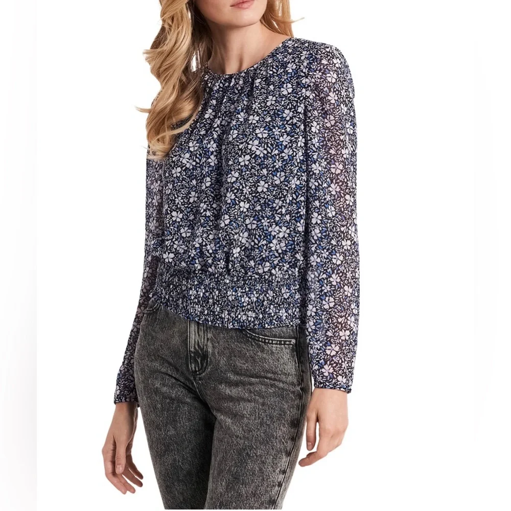 1.STATE Puff Sleeve Blue Floral Print Crew Neck Blouse Medium - Picture 1 of 6